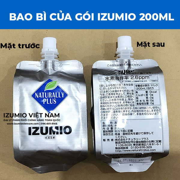 Bao bì sản phẩm mặt trước và  mặt sau gói Izumio Nhật Bản 200ml 